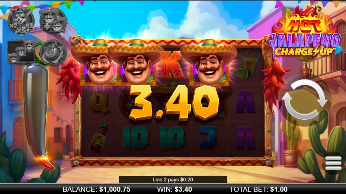 Tampilan visual slot Hot Jalapeño Charge Up dengan tema pesta Meksiko yang meriah