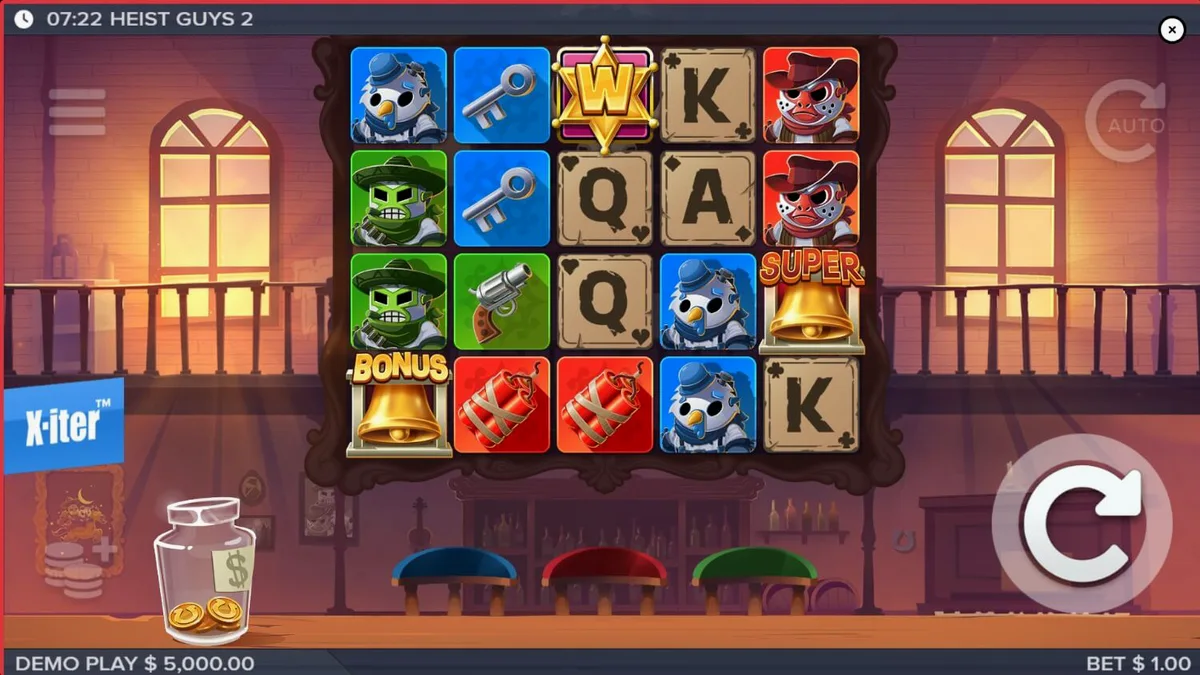Tampilan visual slot Heist Guys 2 dengan tema Wild West dan karakter bandit